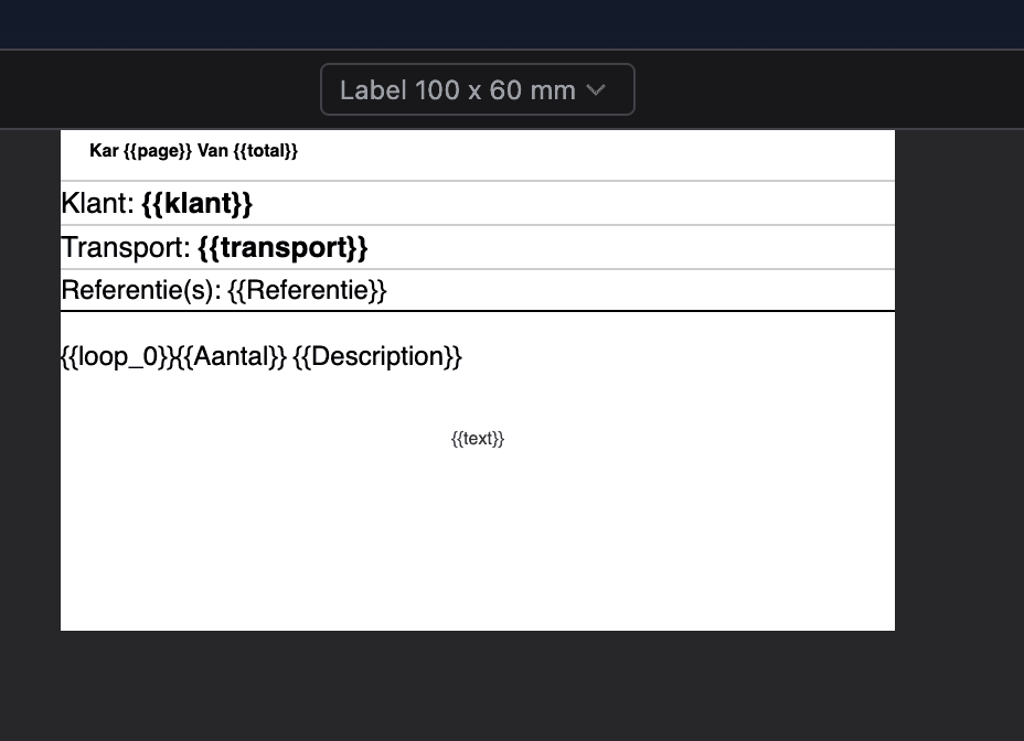 Cart label template showing page counter, customer info, transport method, and loop for listing items