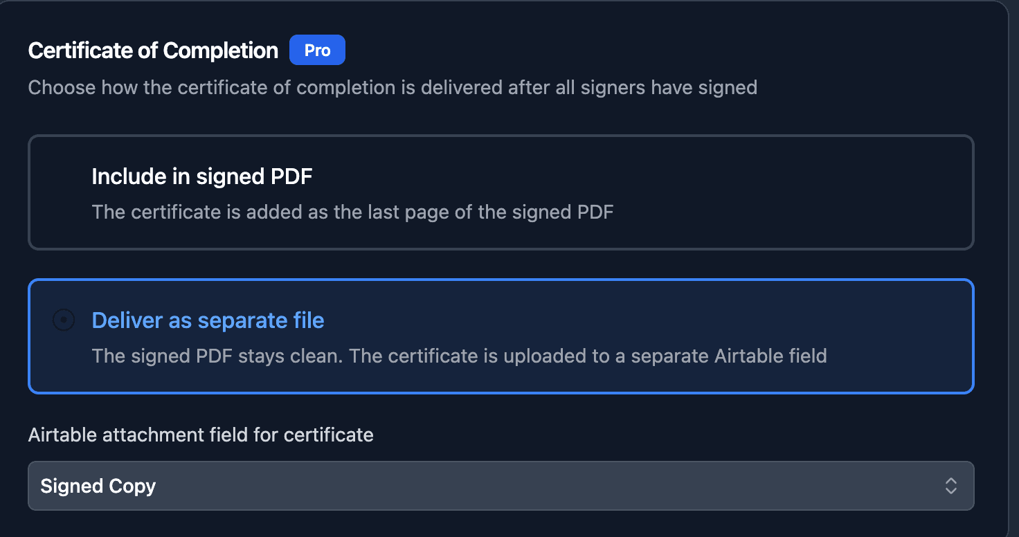 Certificate of Completion settings with Deliver as separate file selected and Airtable field picker