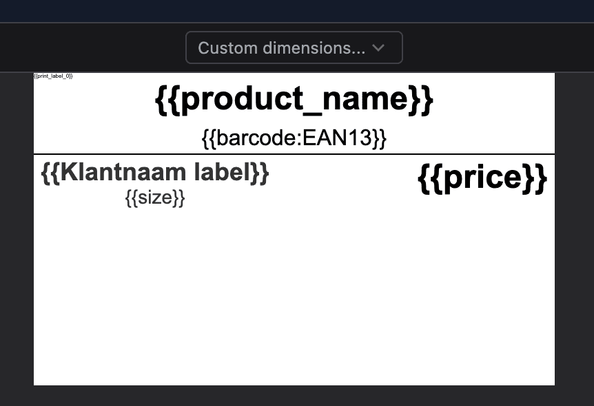 Label template editor showing custom dimensions dropdown set to 100 x 60 mm