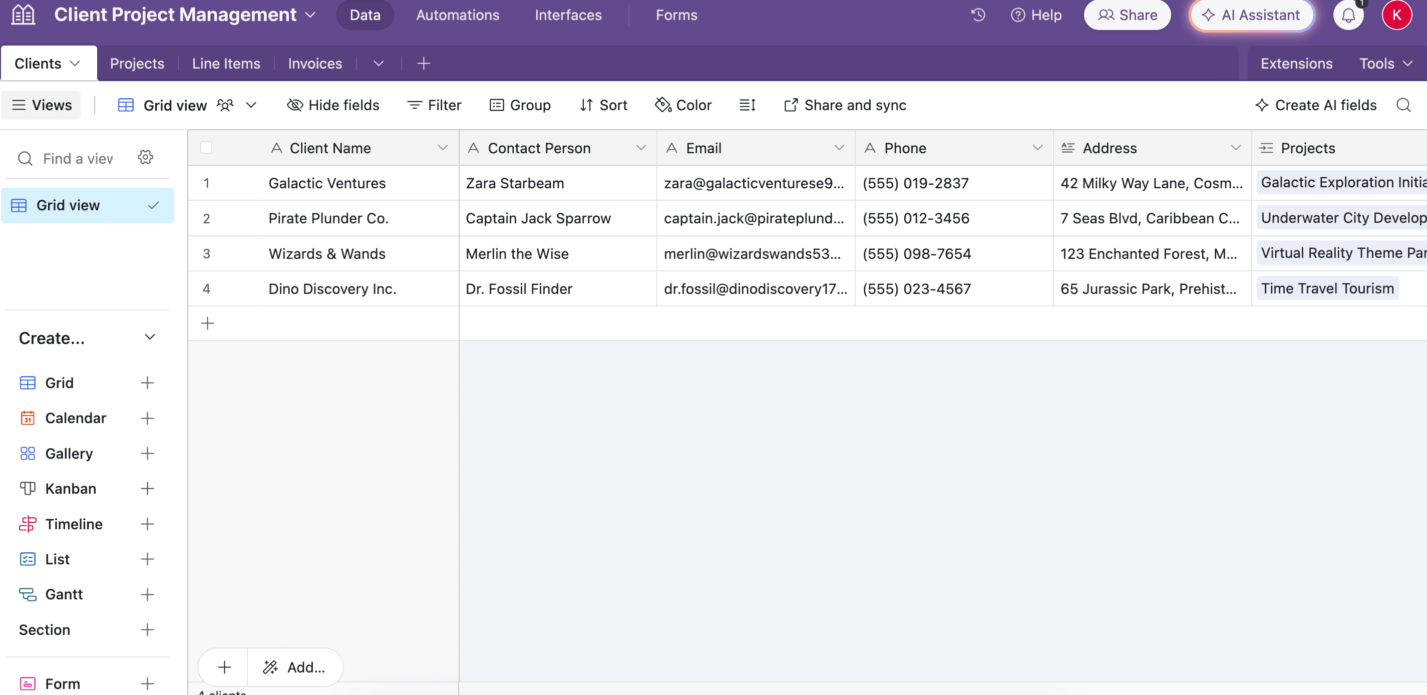 Clients table in Airtable