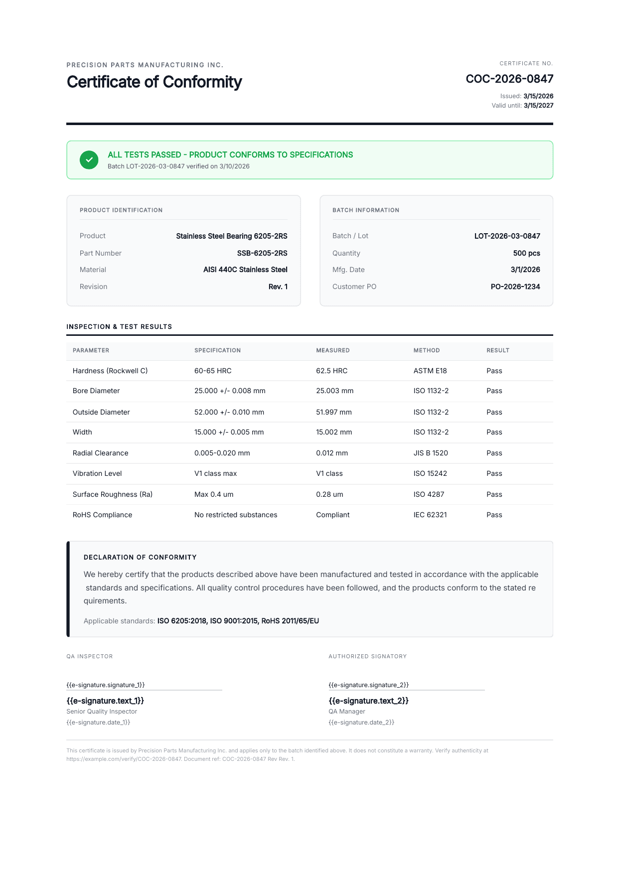 Certificate of Conformity template preview generated from Airtable