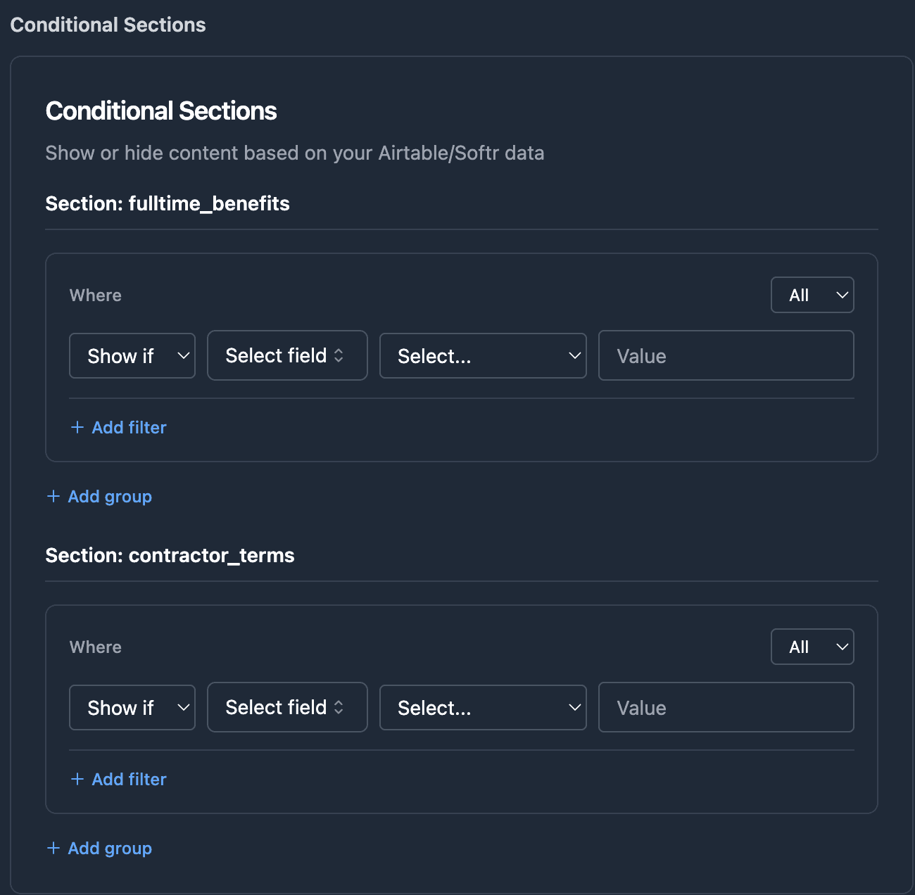 Conditional sections syntax in a contract template showing section tags for full-time benefits and contractor terms