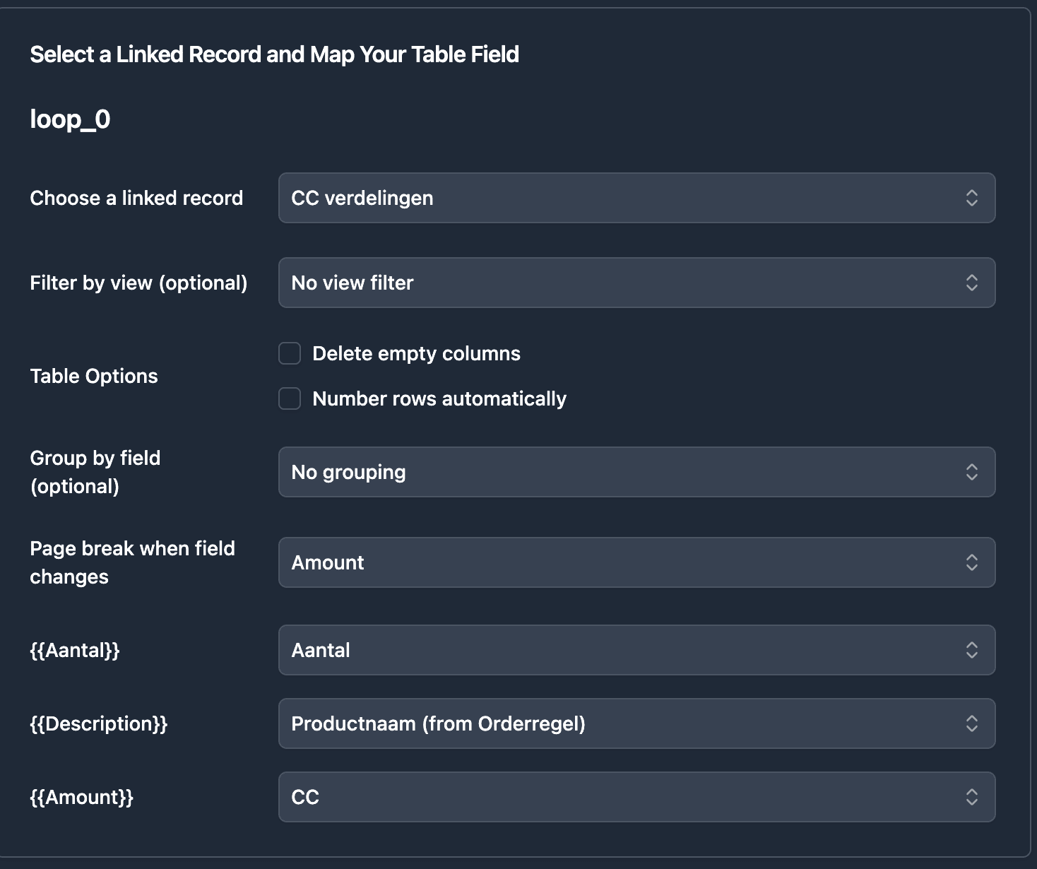 Loop configuration showing page break when field changes setting