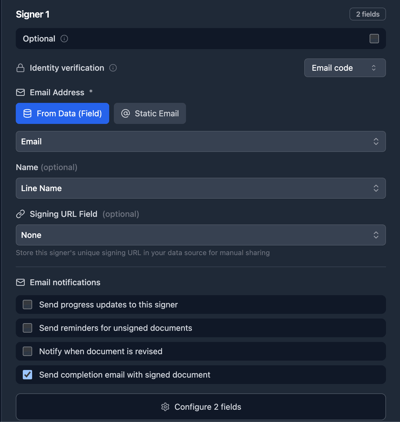Email notification checkboxes per signer in EsignatureConfig