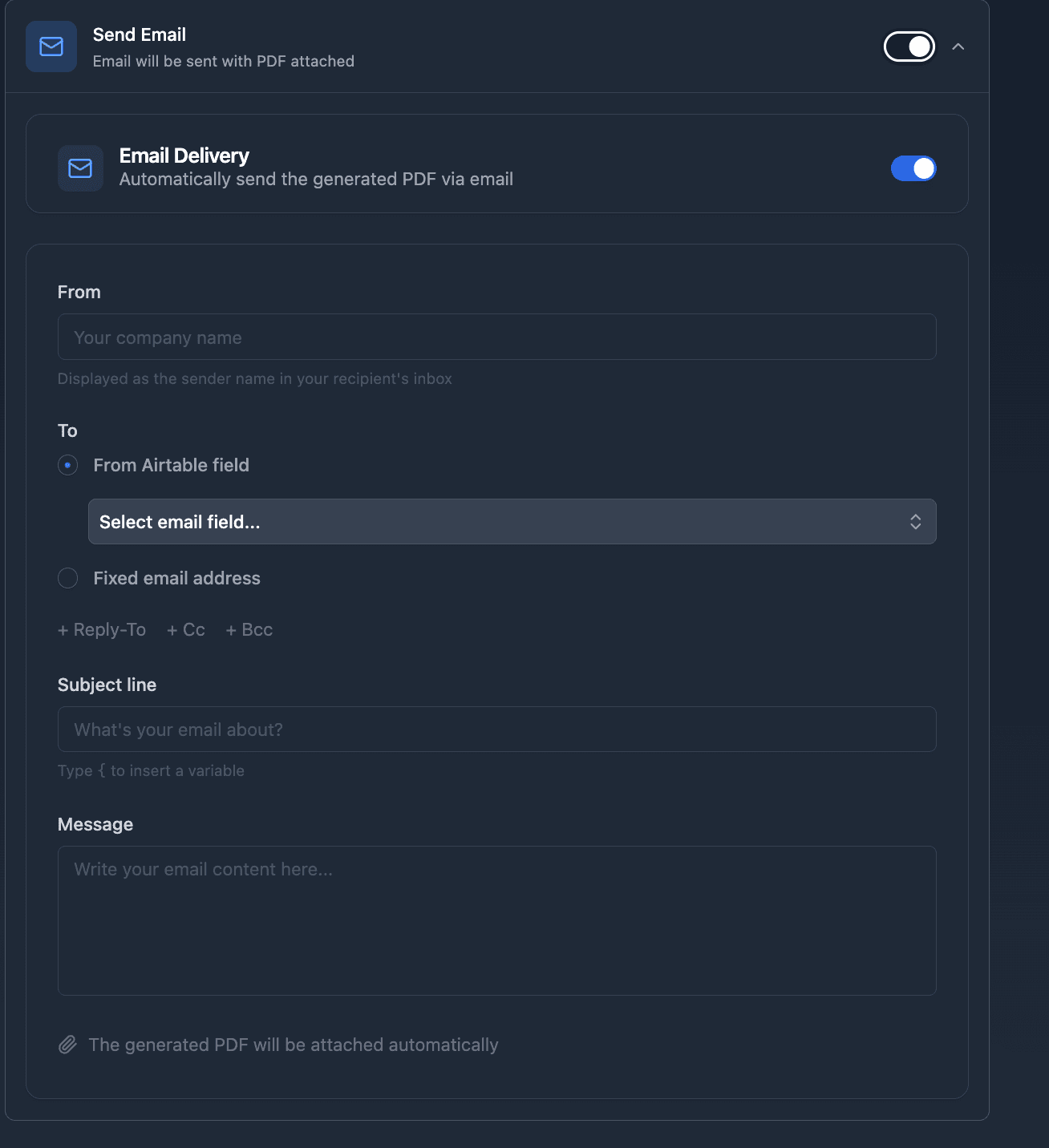 TypeFlow email delivery configuration showing sender name, recipient field from Airtable, subject line, message, and automatic PDF attachment
