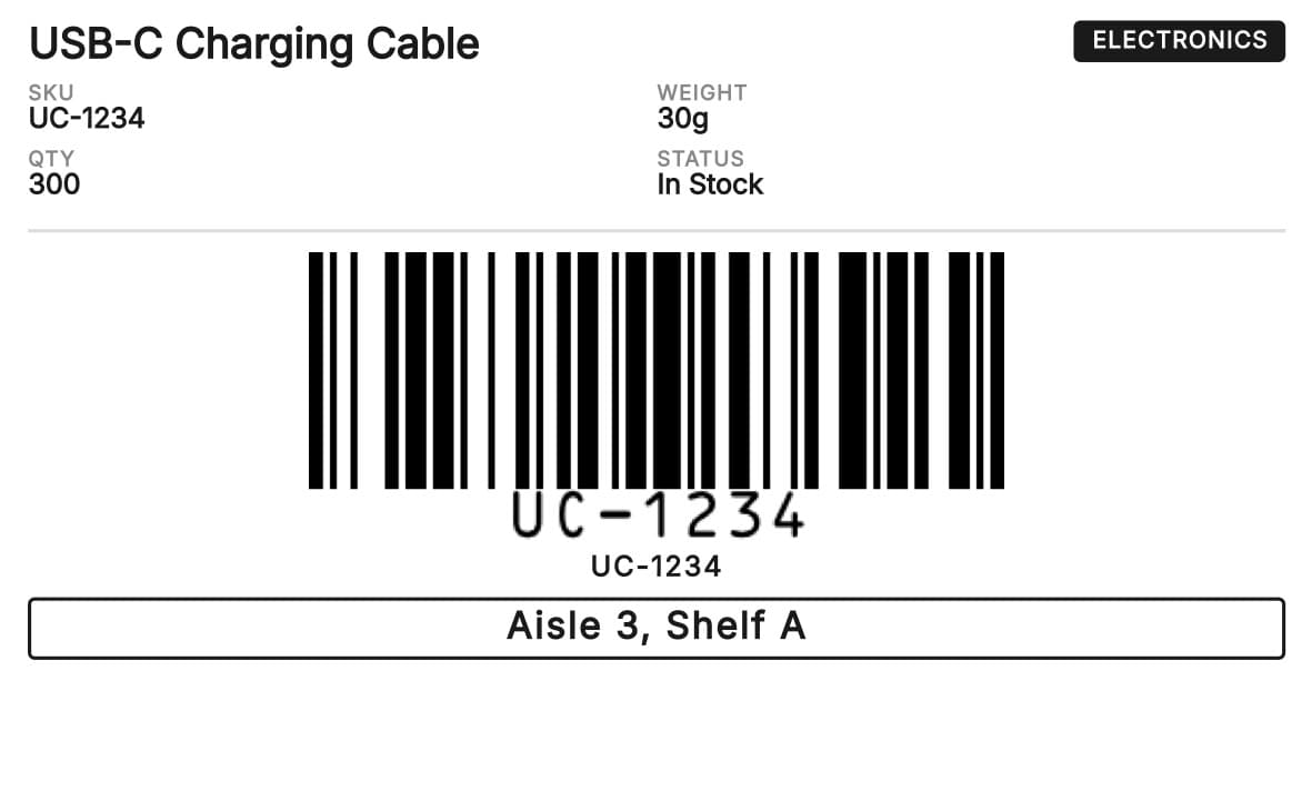 Inventory label generated from Airtable showing product name, SKU, category badge, weight, quantity, status, Code 128 barcode, and warehouse location