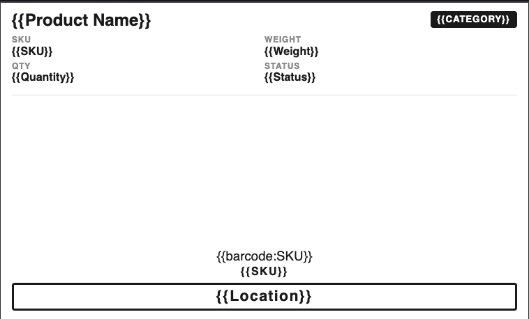 Inventory label template in TypeFlow showing variables for product name, SKU, category, weight, quantity, status, barcode, and location