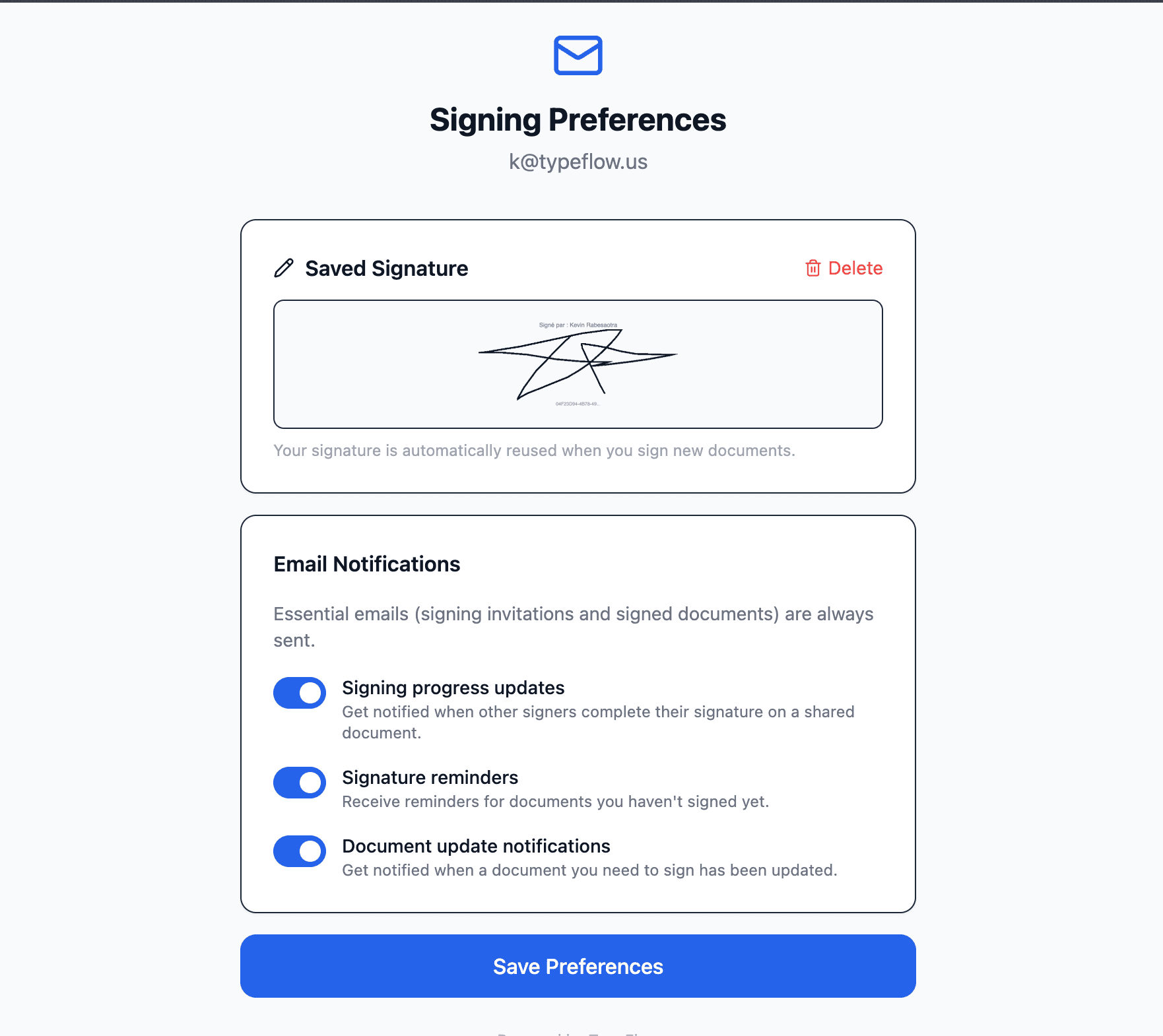 Signing preferences page with email toggles and saved signature