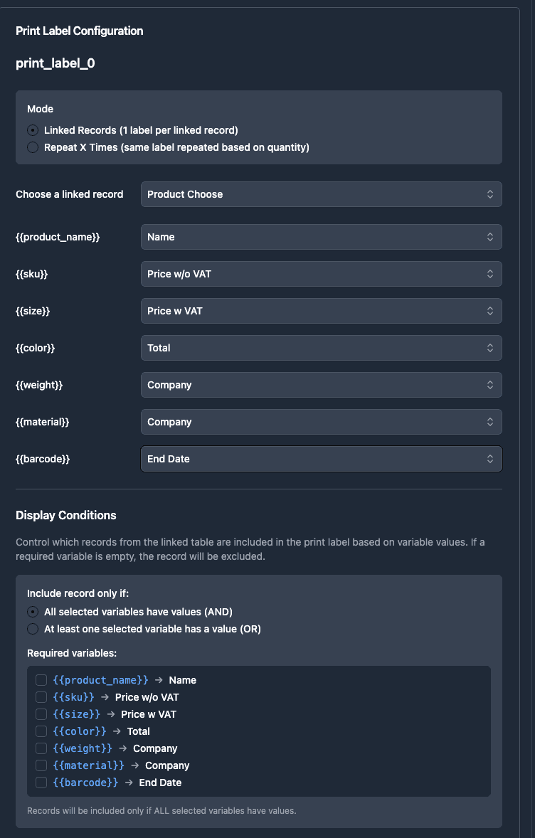 Print Label Configuration showing Linked Records mode with field mapping and display conditions