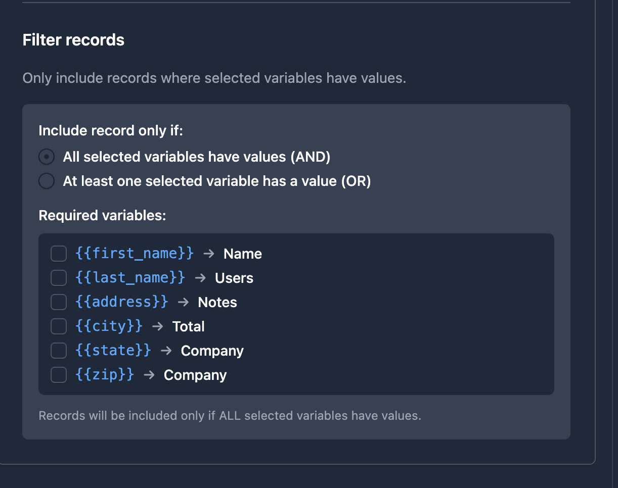 TypeFlow filter records configuration showing required variables for mailing label generation