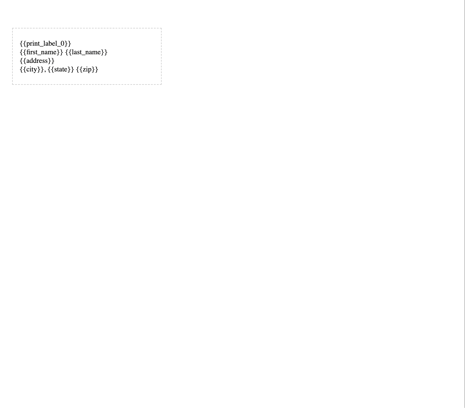 TypeFlow template builder showing a single mailing label design with address variables that repeats across the Avery sheet