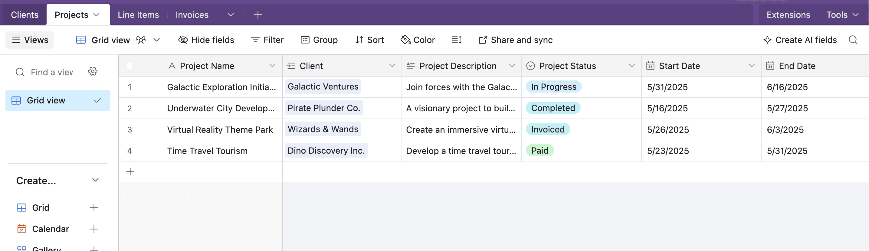 Projects table in Airtable