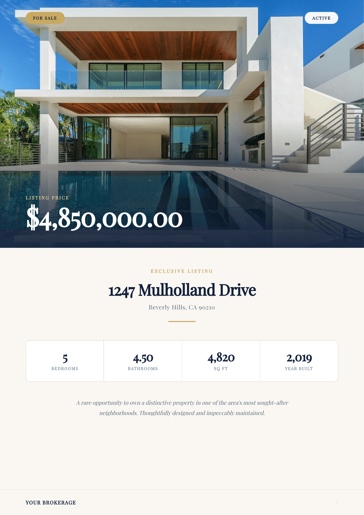 Property brochure template generated from Airtable with photos, features, and agent info