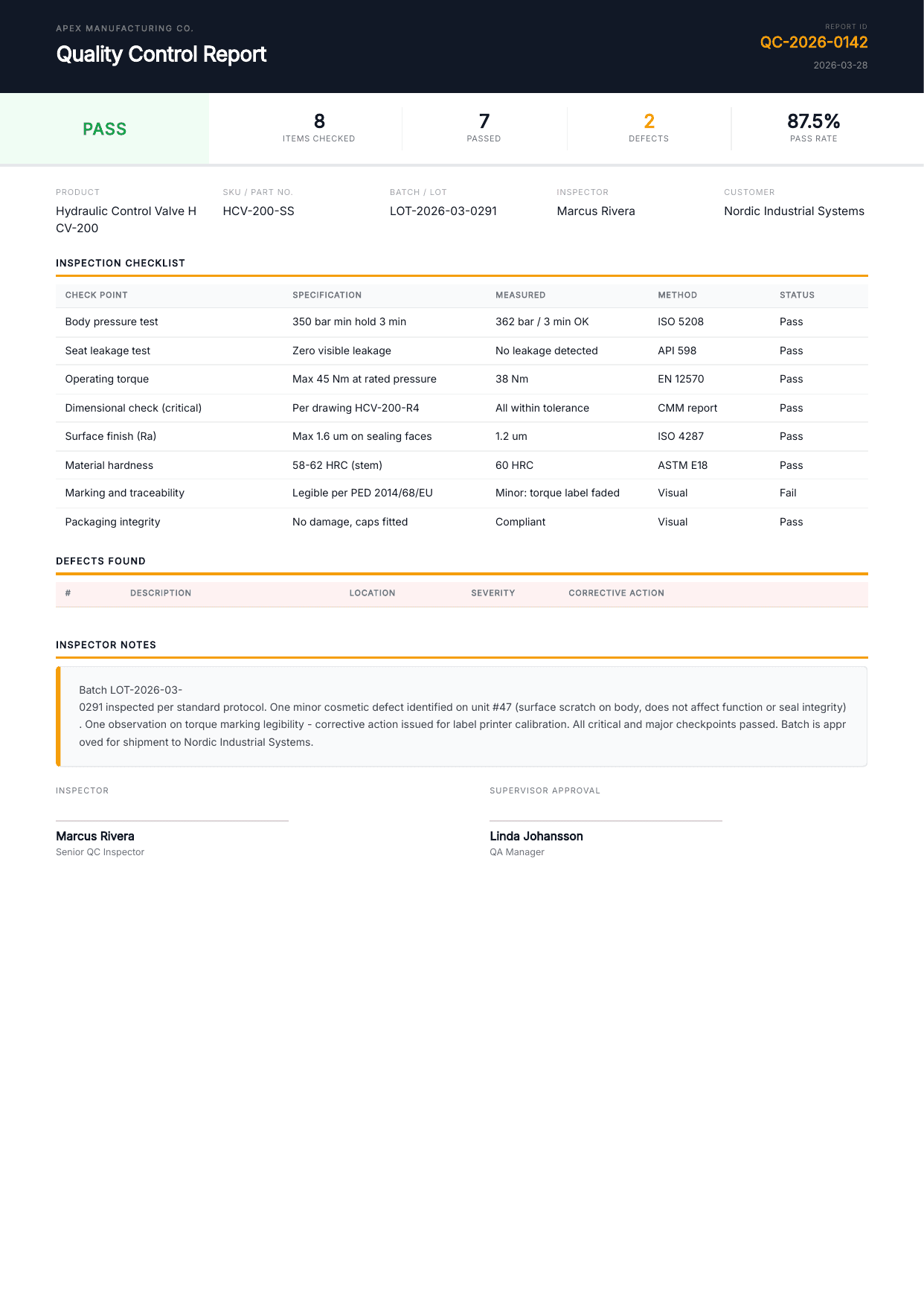 QC Report template preview generated from Airtable