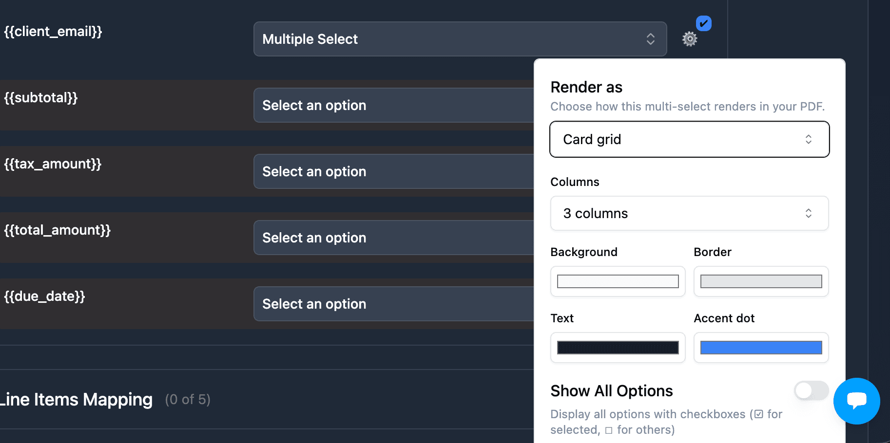 TypeFlow mapping panel showing the Render As dropdown set to Card Grid with columns, background, border, text, and accent dot color pickers