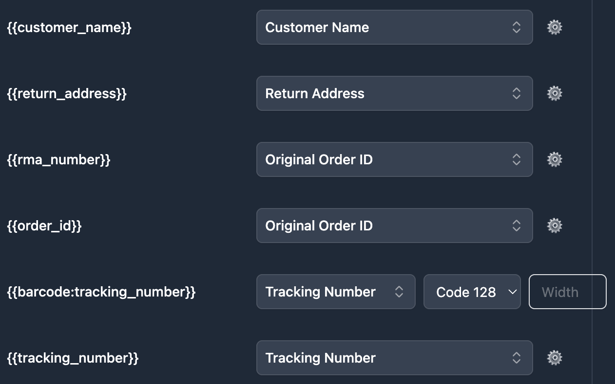 TypeFlow field mapping interface showing Airtable fields mapped to return label template variables