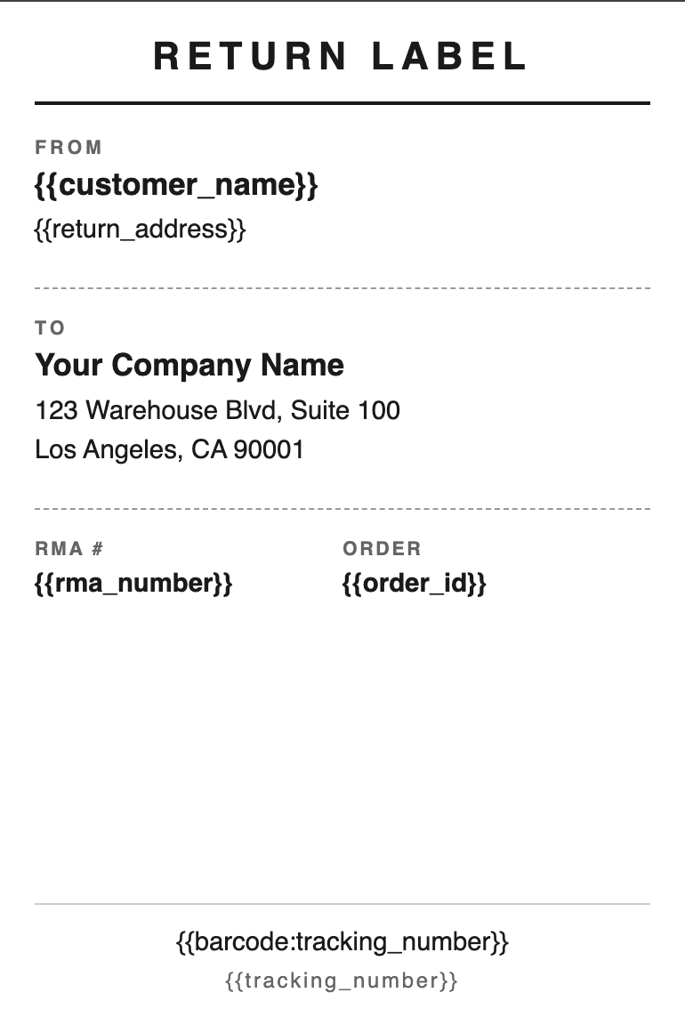 Return label template in TypeFlow showing placeholder variables for customer name, return address, RMA number, order ID, and barcode