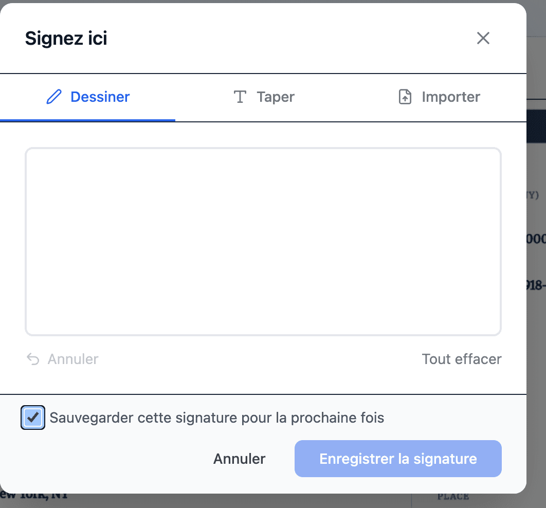 Signing modal with Save this signature for next time checkbox