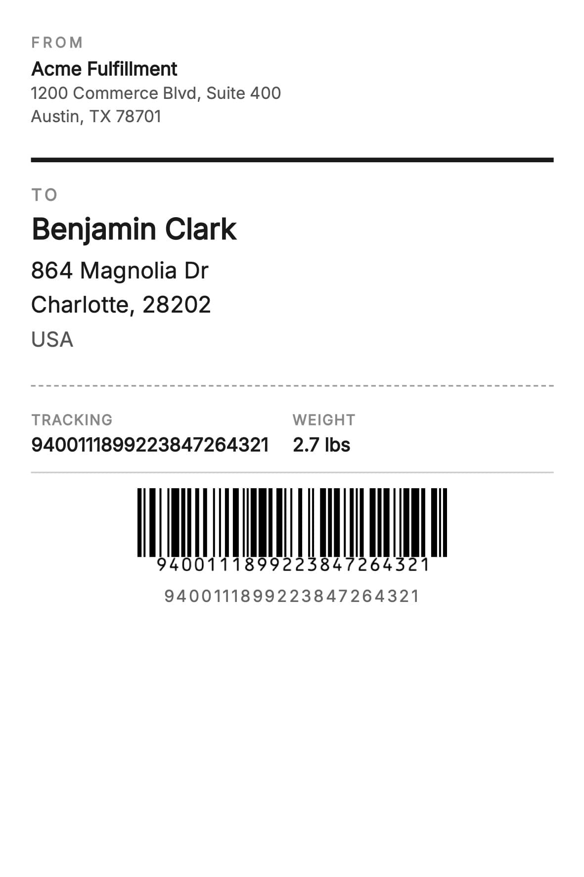 4x6 shipping label generated from Airtable showing sender address, recipient address, tracking number, weight, and Code 128 barcode
