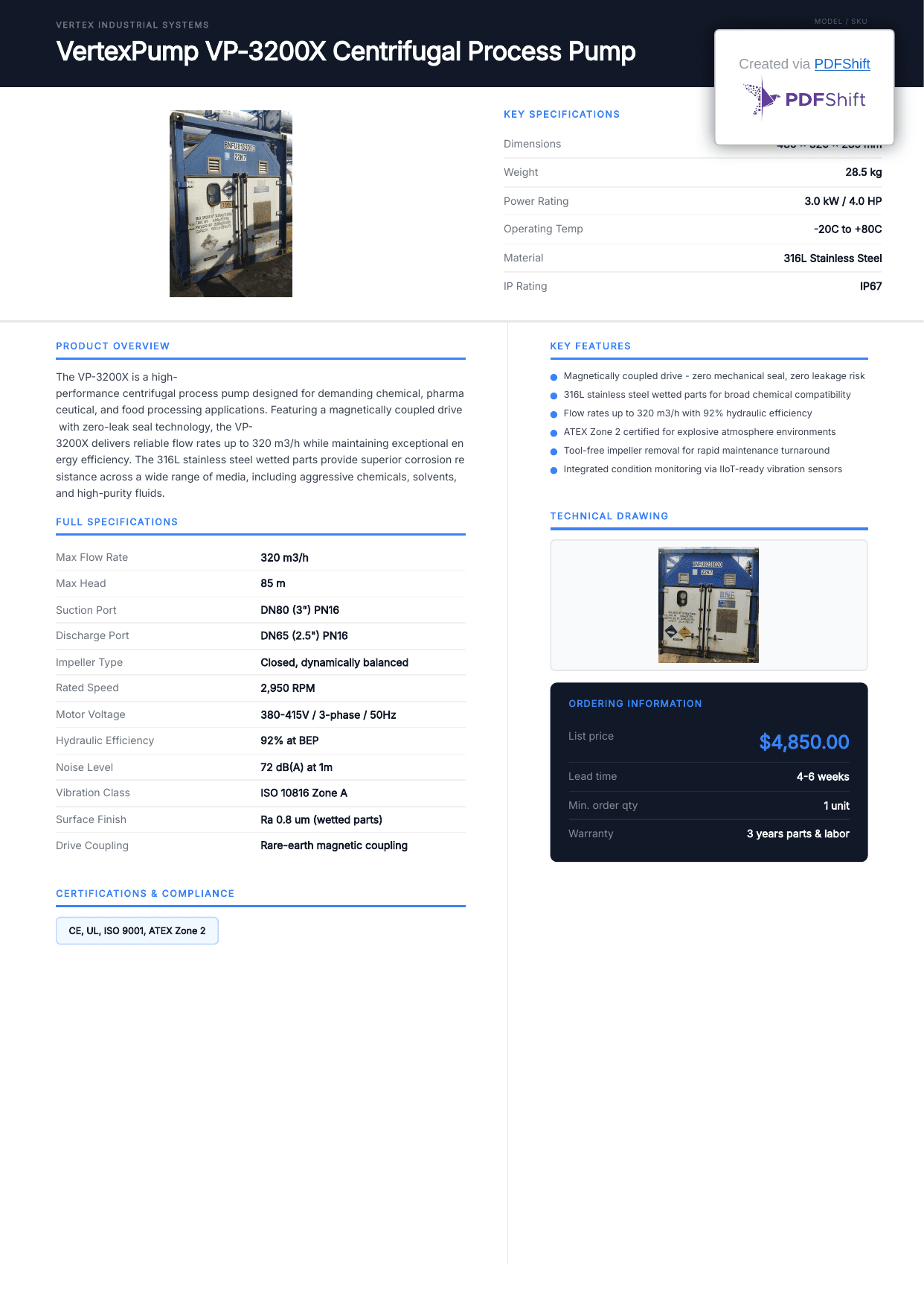 Product spec sheet template preview generated from Airtable