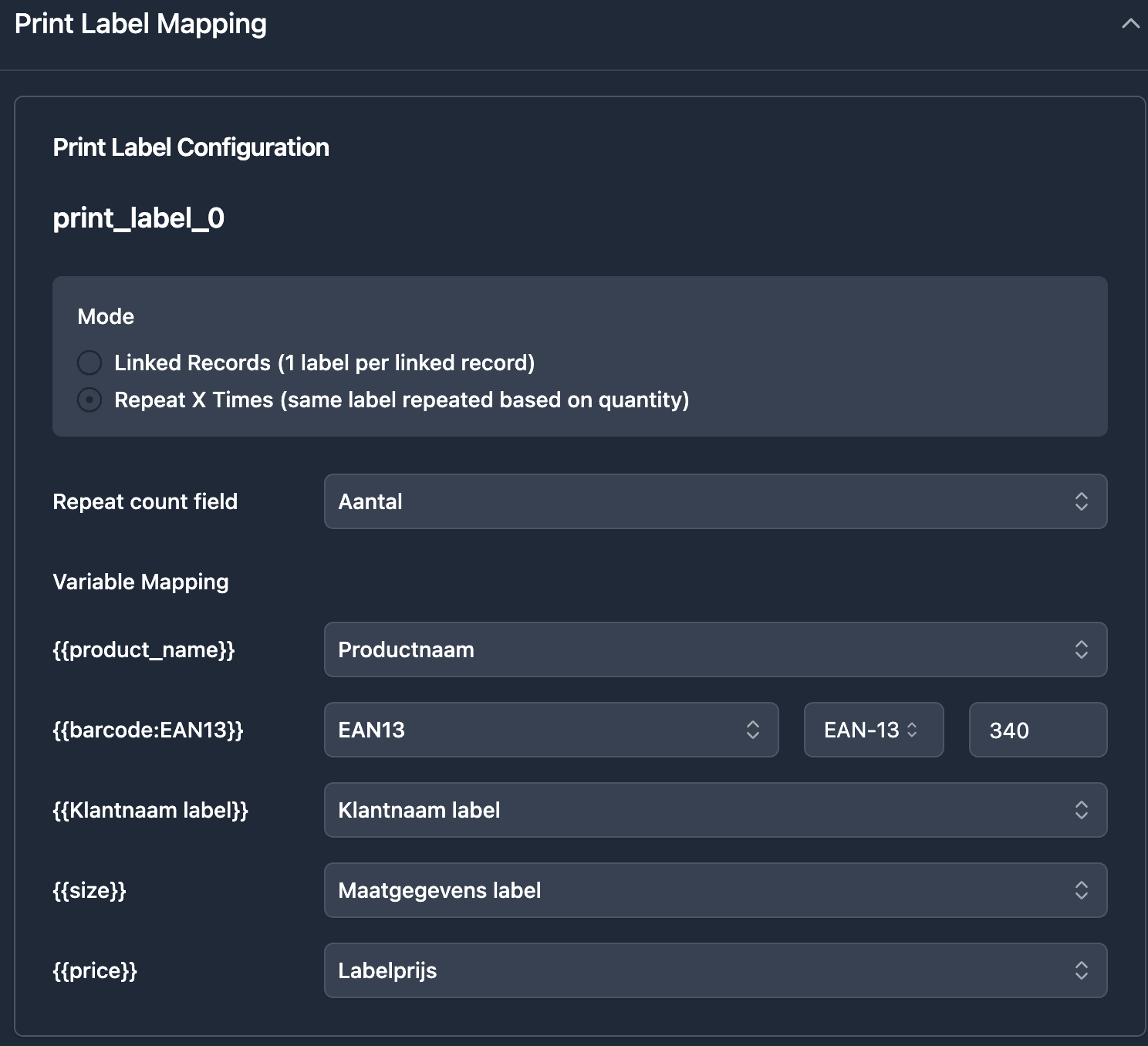 TypeFlow barcode configuration showing EAN-13 barcode mapping with print label settings