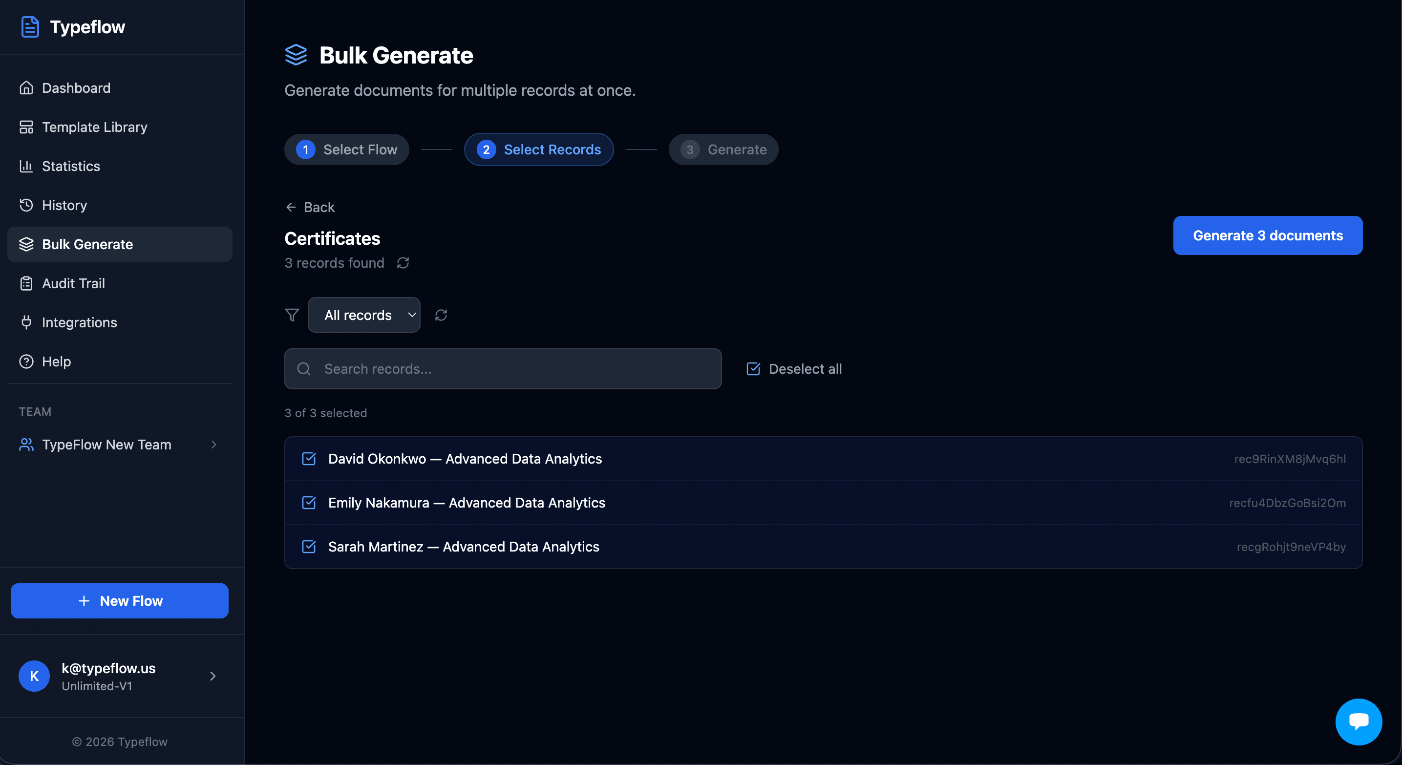 TypeFlow Bulk Generate interface showing 3 certificate records selected for generation from the Certificates table