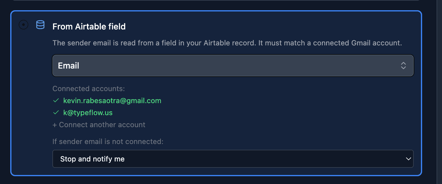 List of connected Gmail accounts with option to connect another