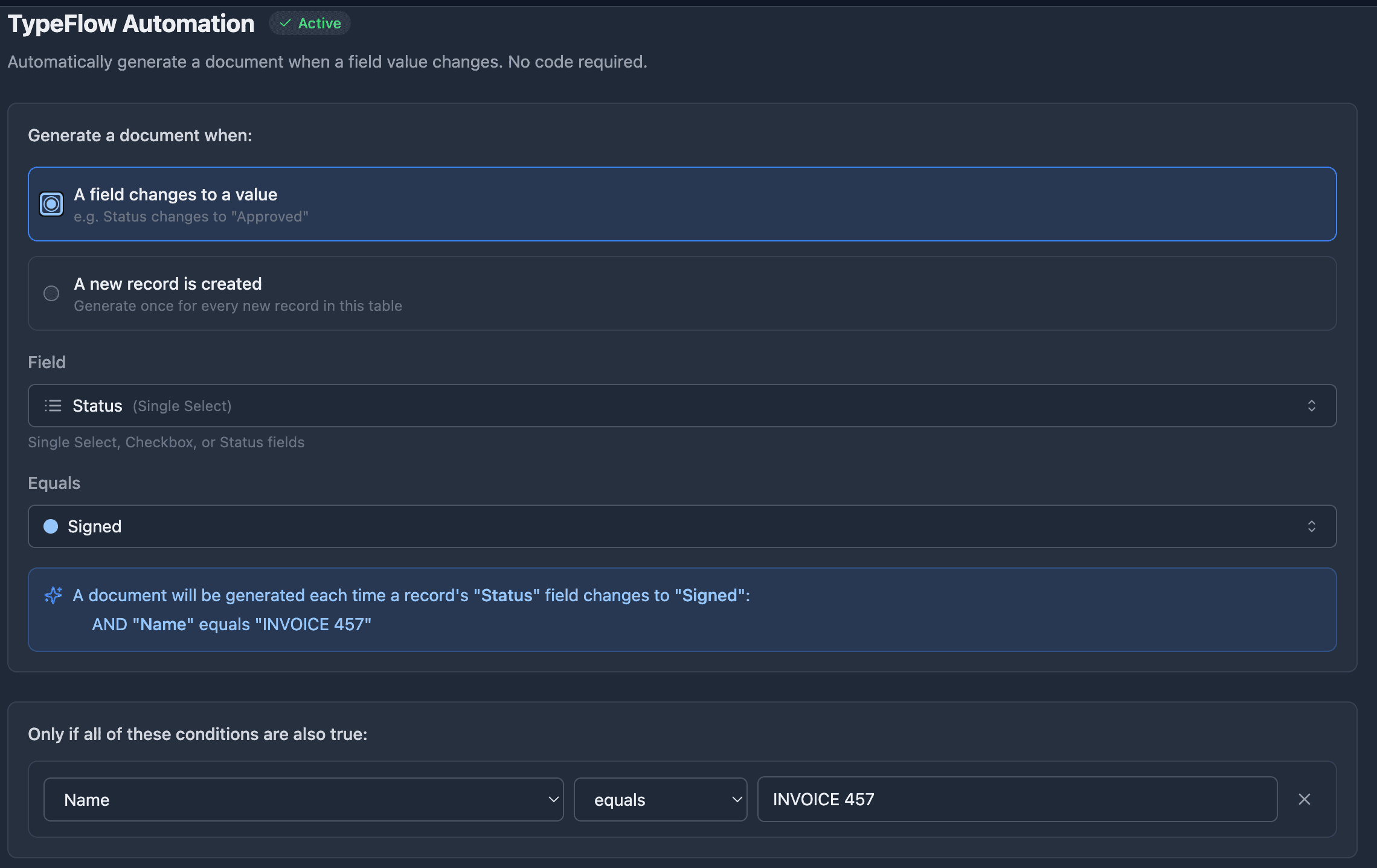 Field transition mode with Status field, Signed value, and a guard condition