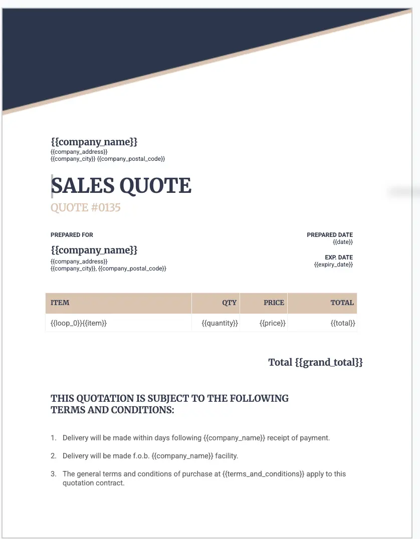 Invoice template in Google Docs with TypeFlow variables for company name, line items, and totals