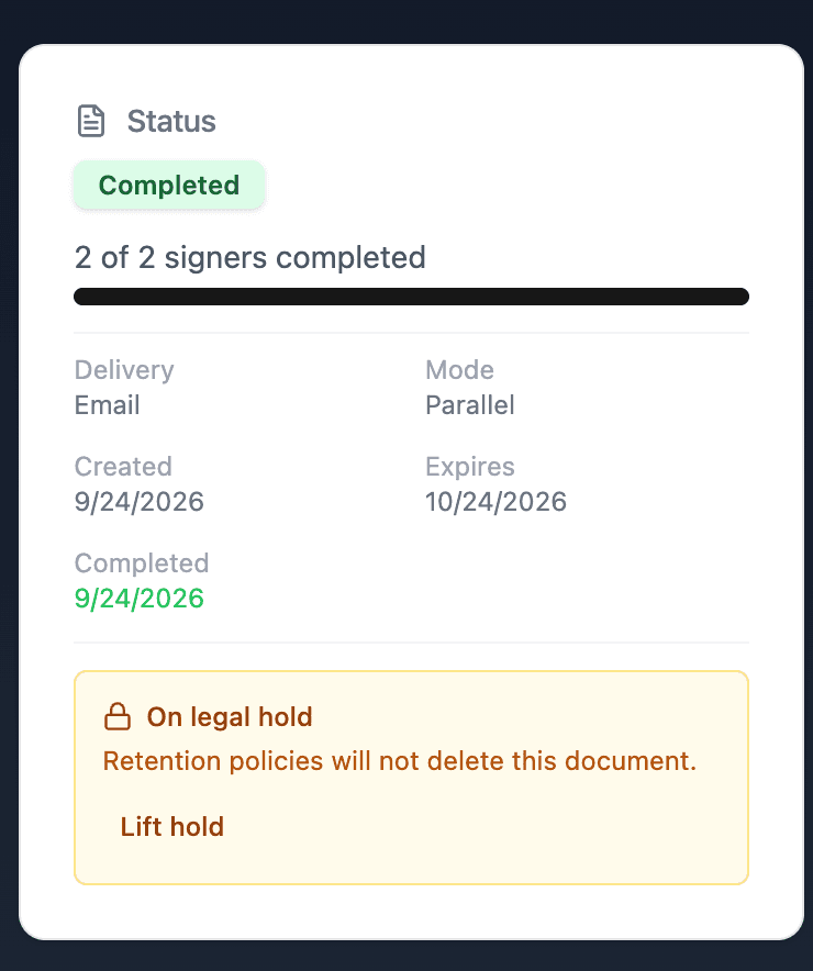 Status card showing the On legal hold banner stating retention policies will not delete this document, with a Lift hold action