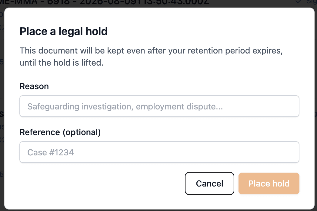 Place a legal hold dialog with a Reason field and an optional Reference field such as a case number
