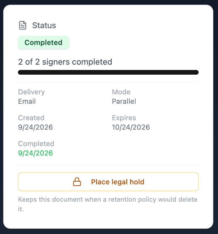 Status card of a completed signature request with the Place legal hold button and the note that it keeps the document when a retention policy would delete it