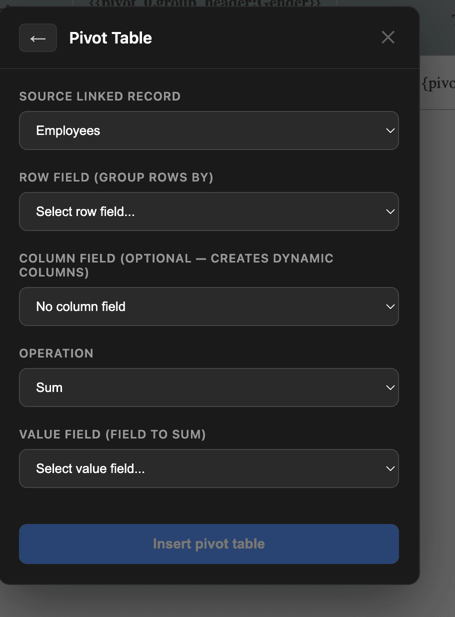 Full pivot table configuration in the wizard