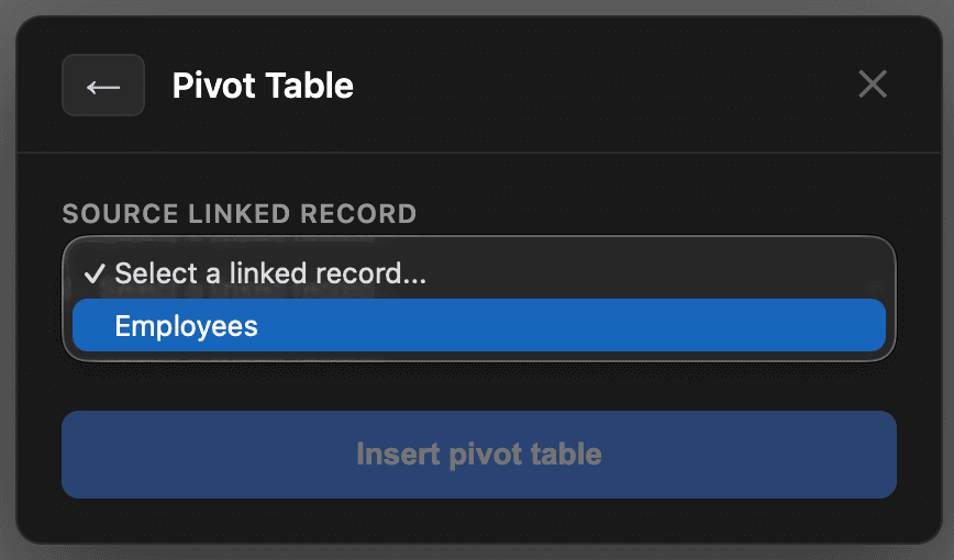 Selecting the source linked record in the pivot table wizard