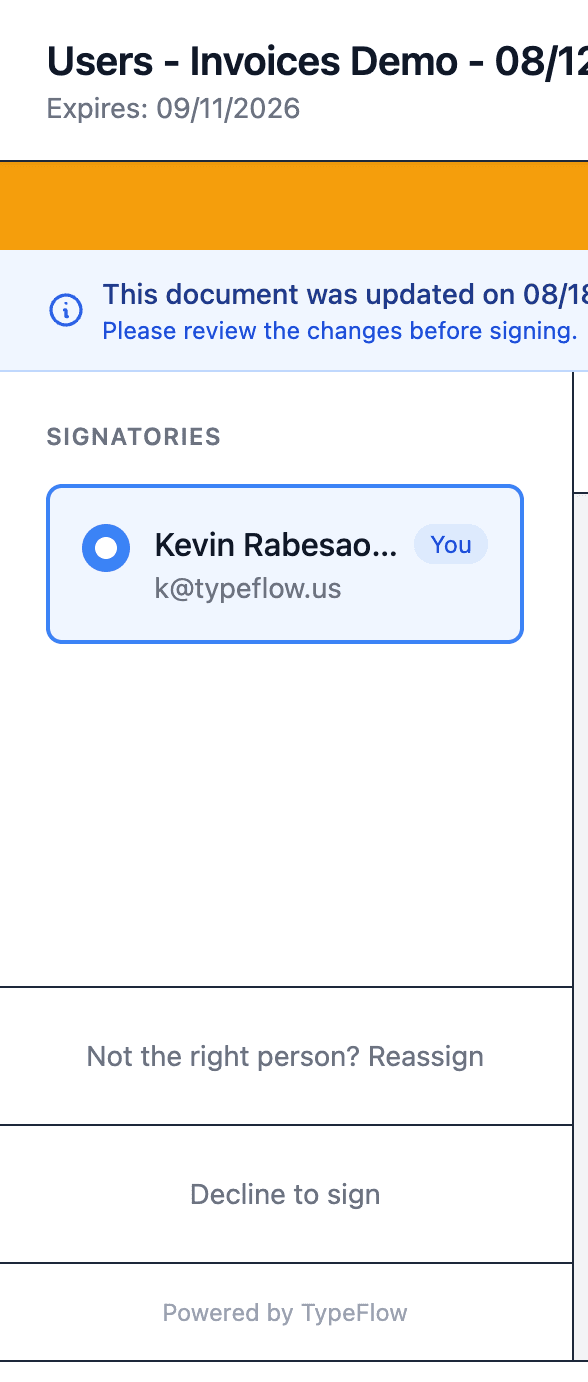 Signing page sidebar showing the Not the right person? Reassign button below the signatories list