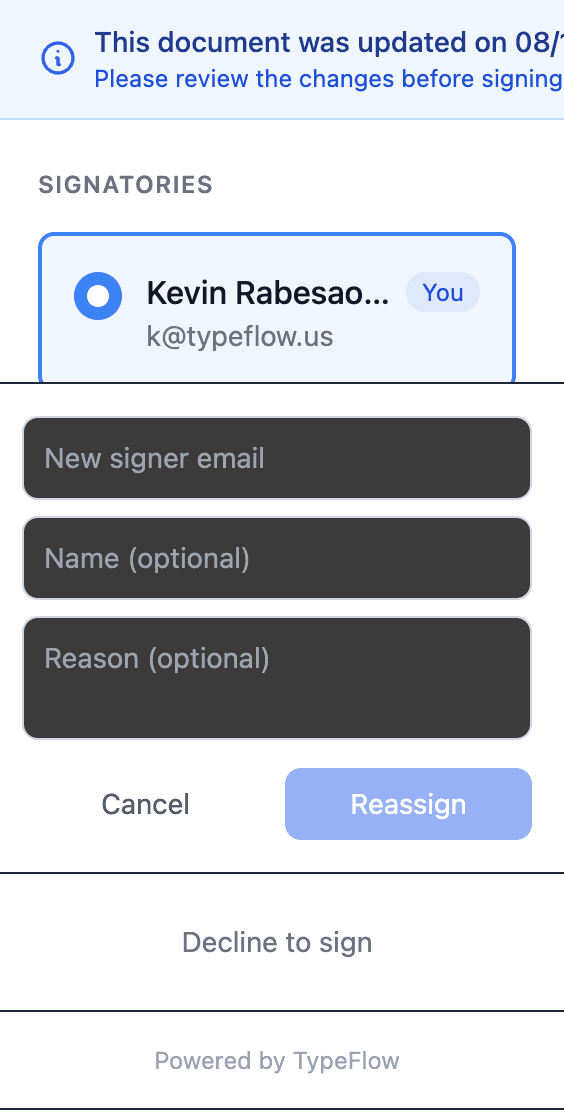 Reassign form with fields for new signer email, name, and reason, plus Cancel and Reassign buttons