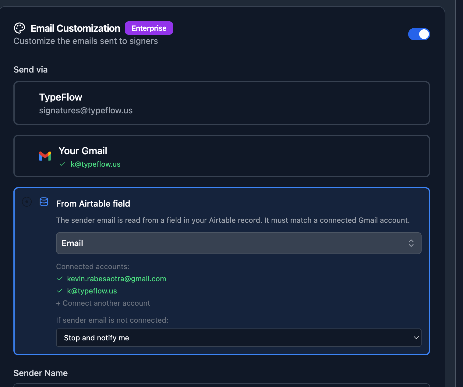 From Airtable field configuration with field picker, connected accounts, and failure policy