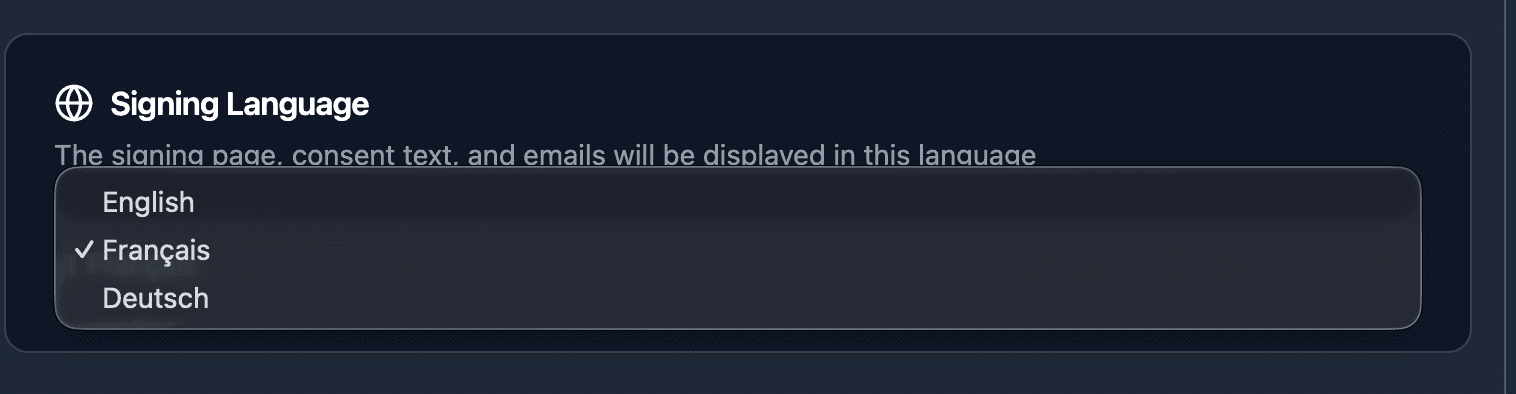 Signing Language dropdown showing English, Francais, and Deutsch options