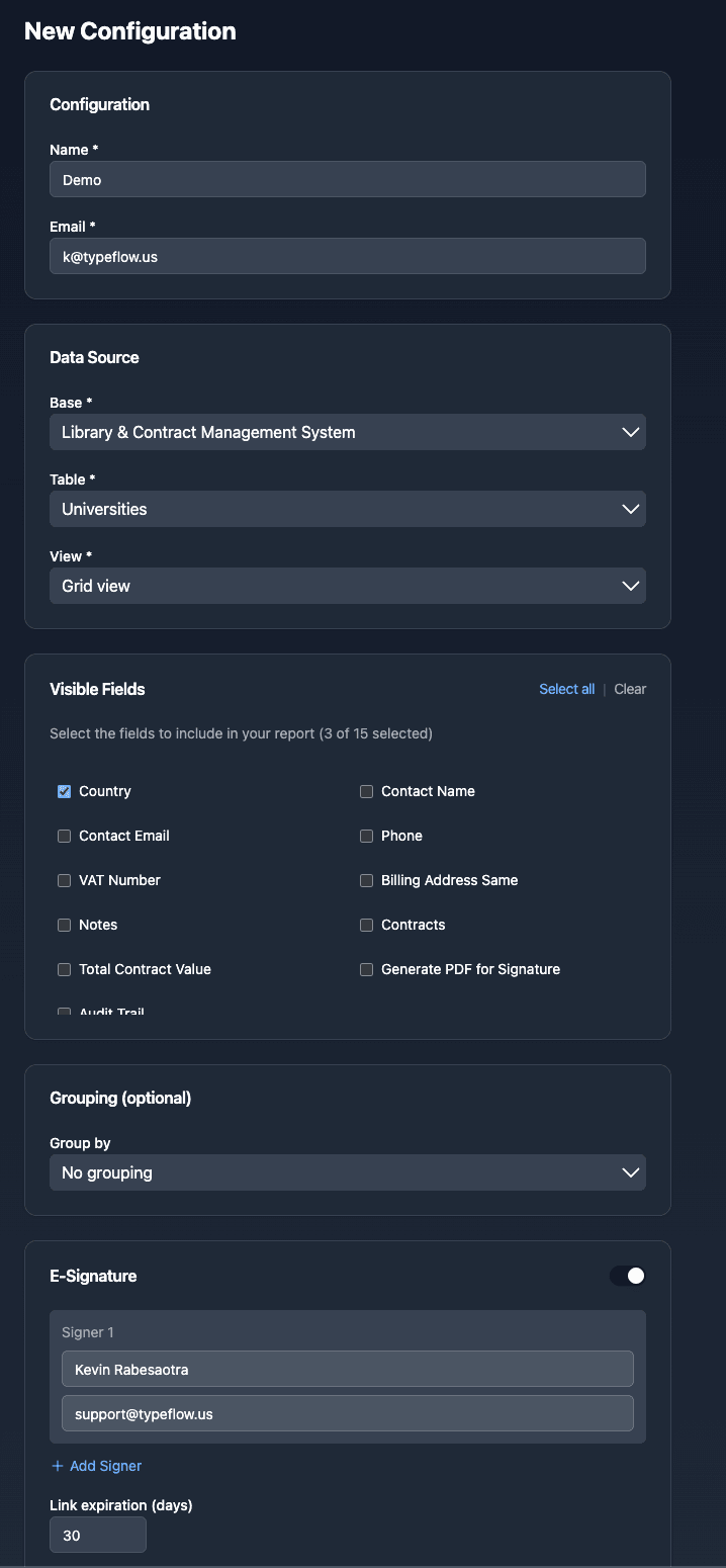 View Report configuration form with base, table, view selection, visible fields, grouping, and e-signature options