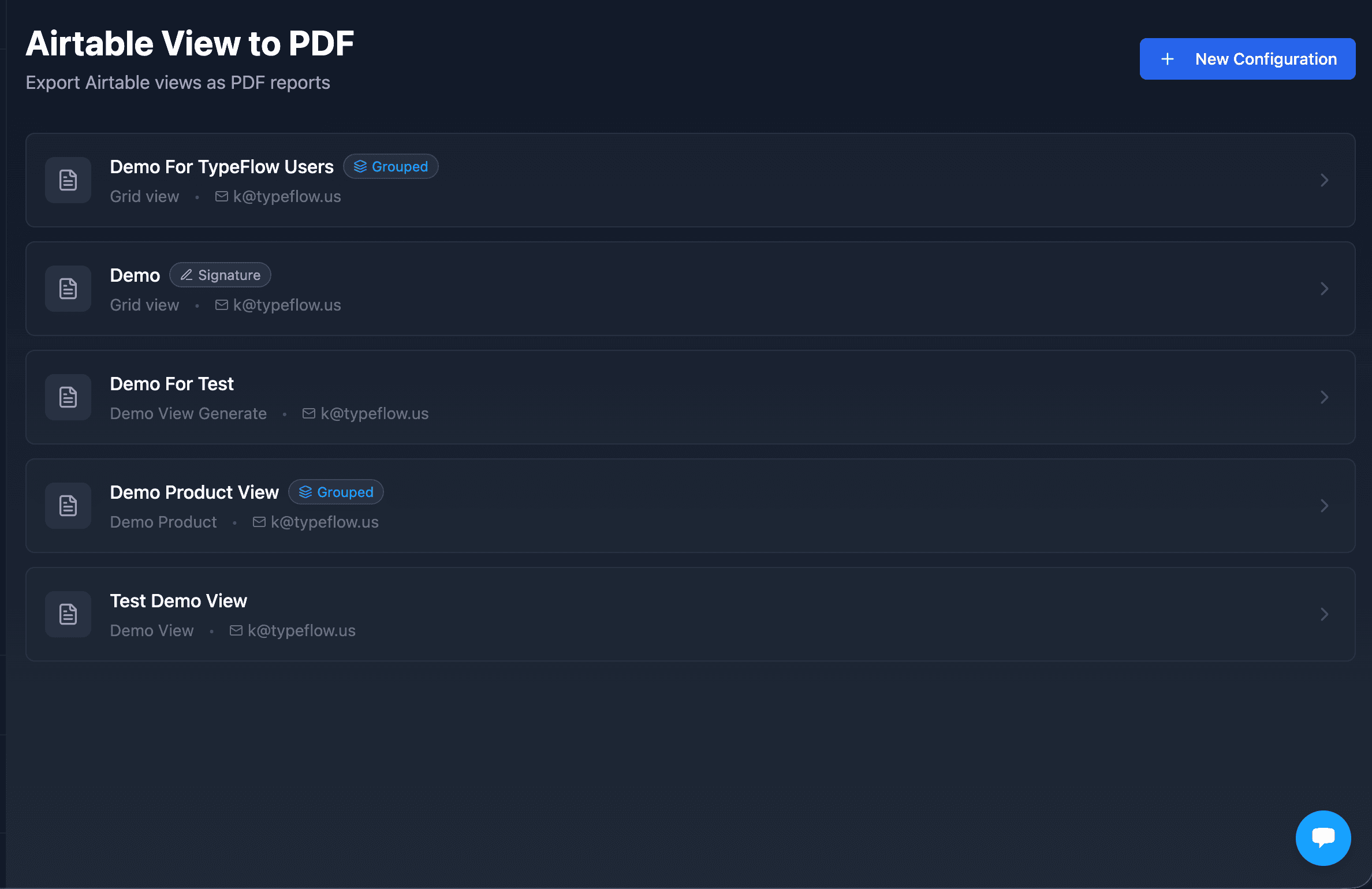 TypeFlow View Reports dashboard showing list of configurations with Grouped and Signature badges
