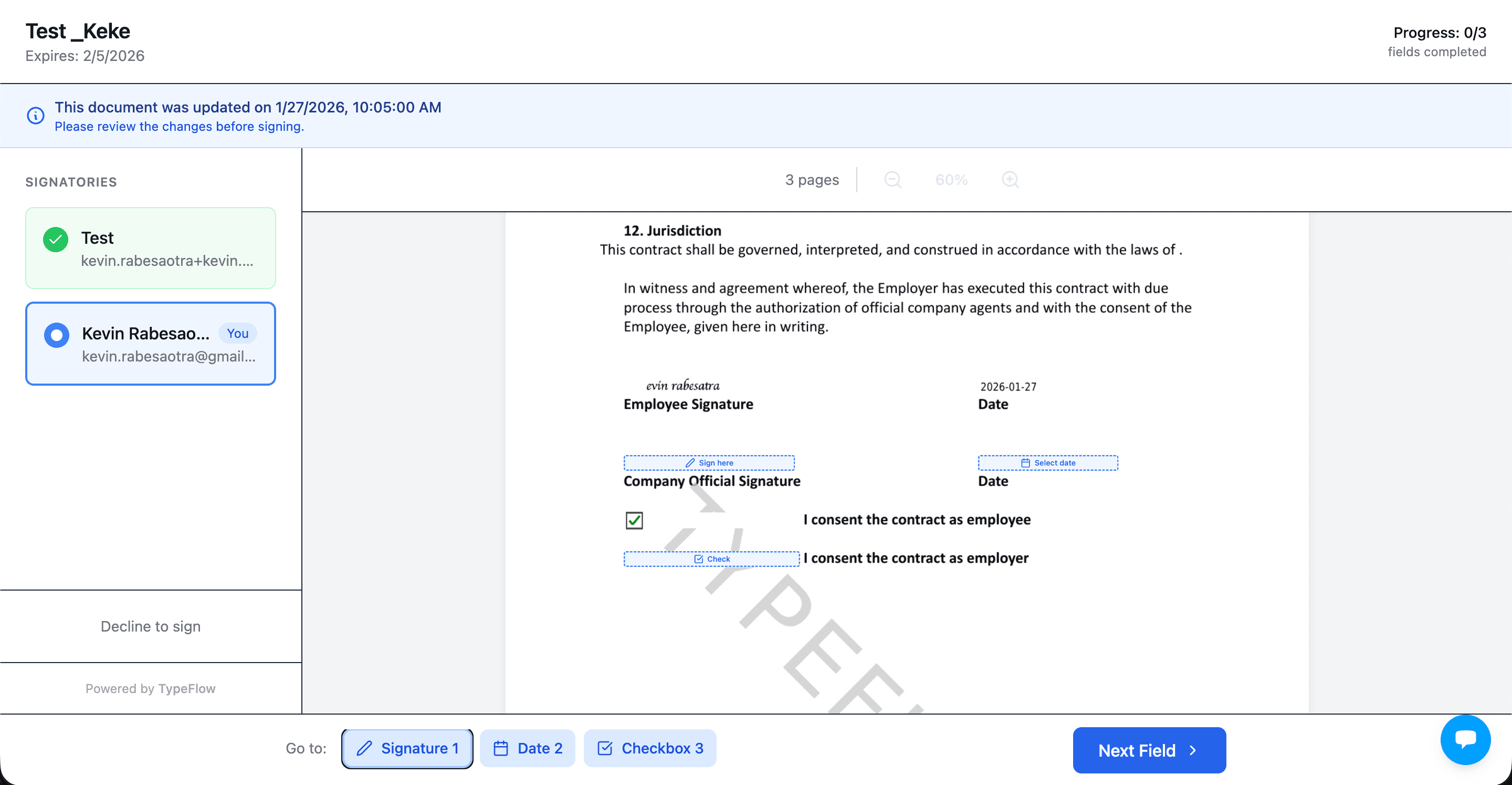 TypeFlow e-signature signing page interface