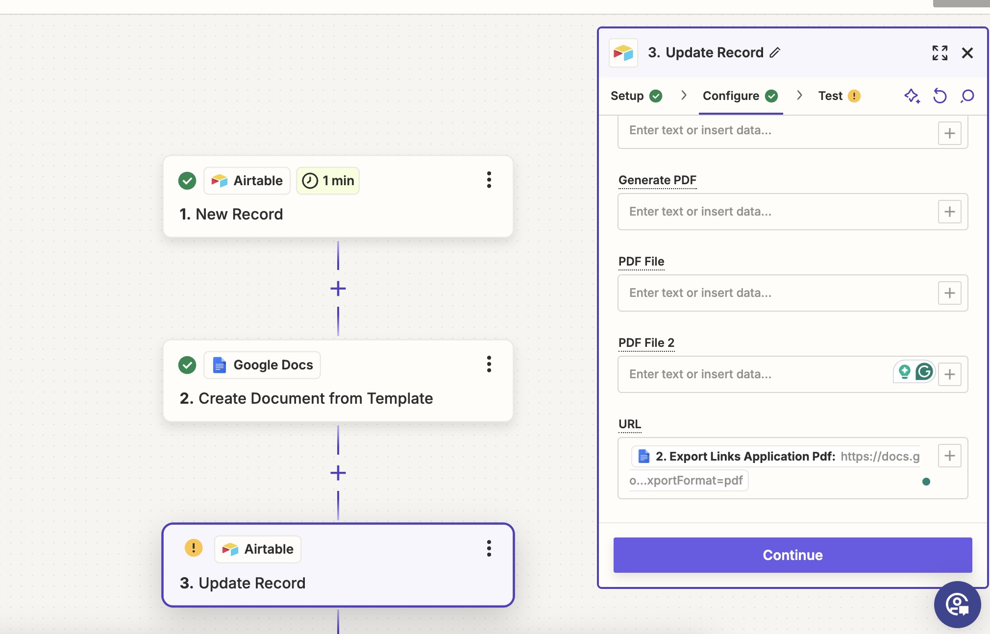 We map the link to export the new Google Docs to a PDF, to an Airtable field