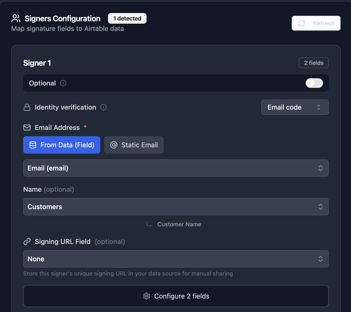 E-signature signer configuration with Identity Verification set to Email code