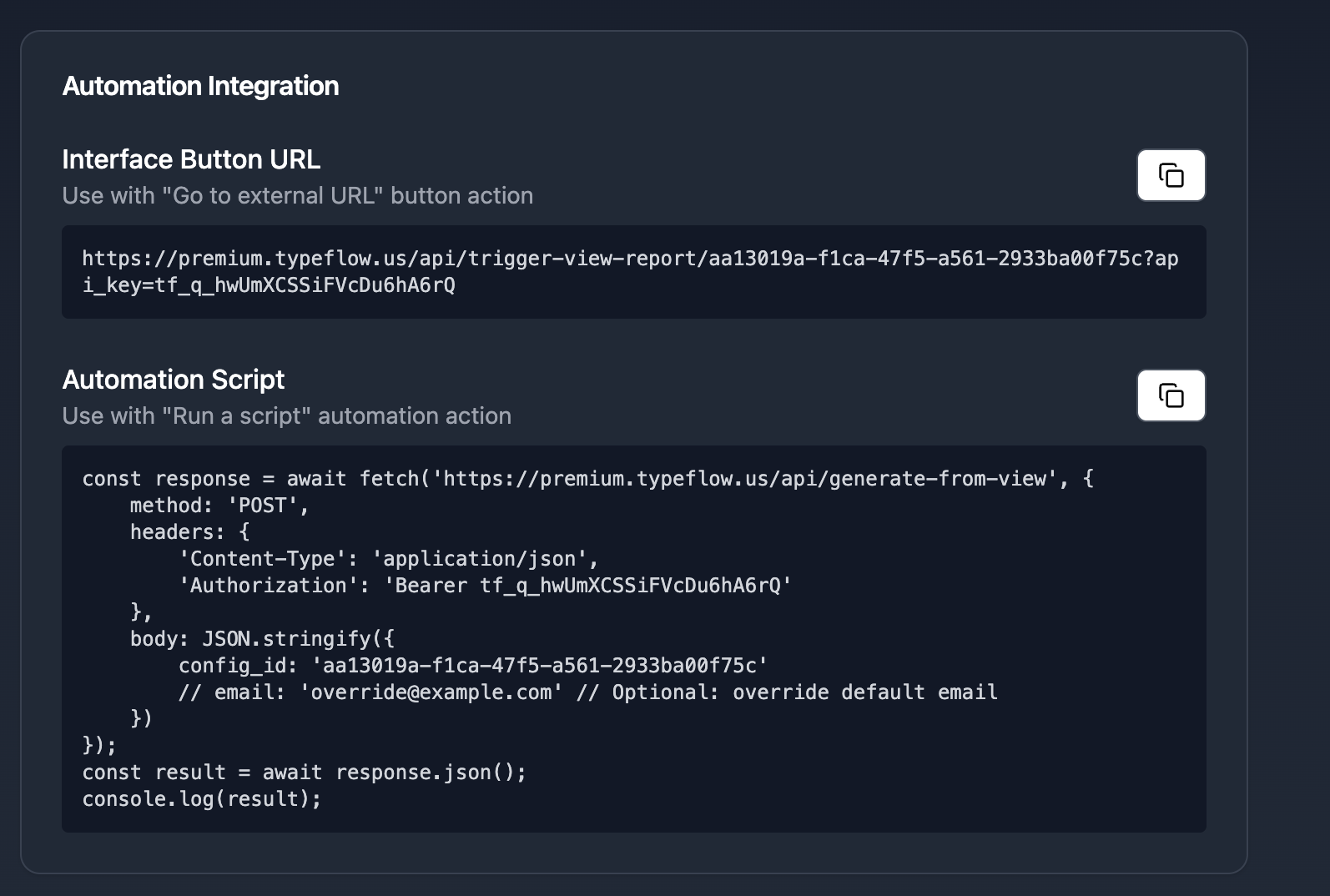 Automation integration with button URL and script