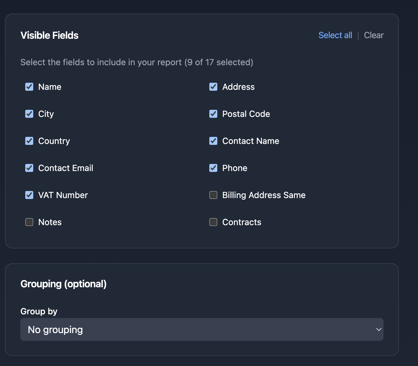 Select visible fields and optional grouping