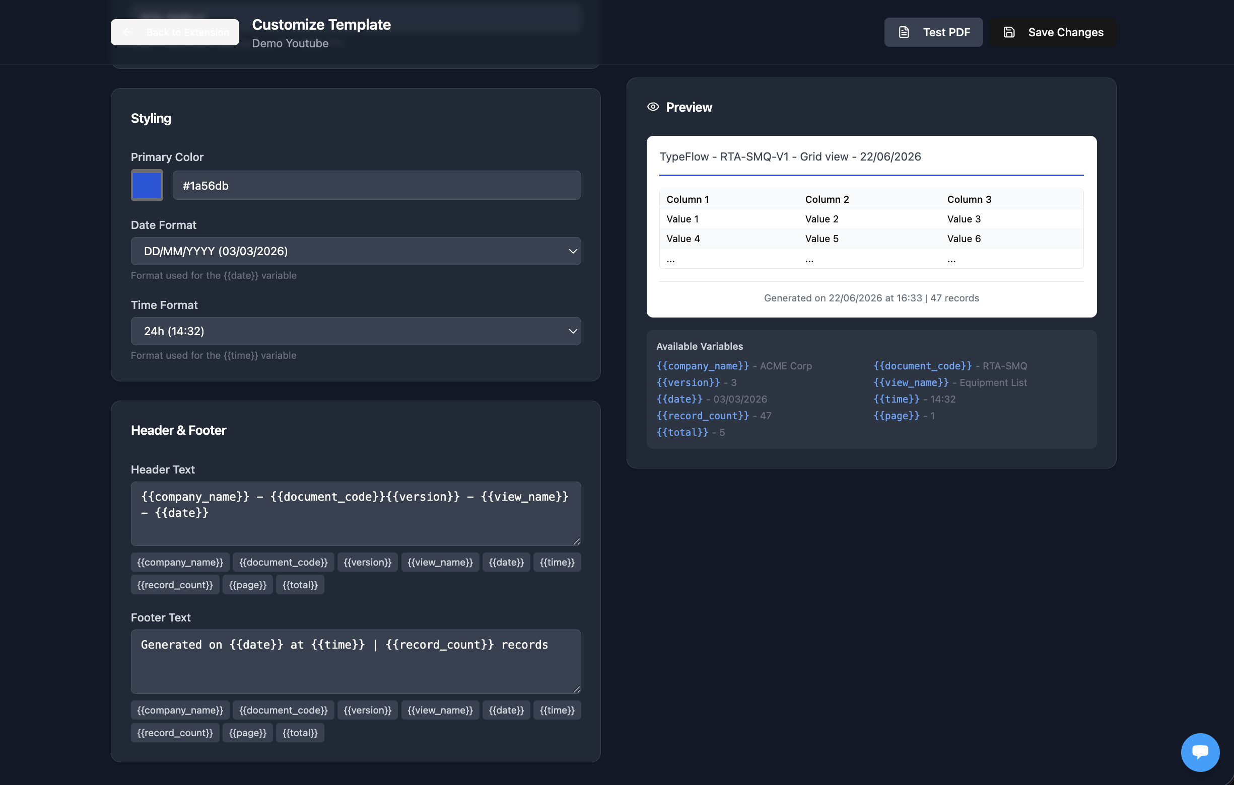 View Report header and footer variables with version control