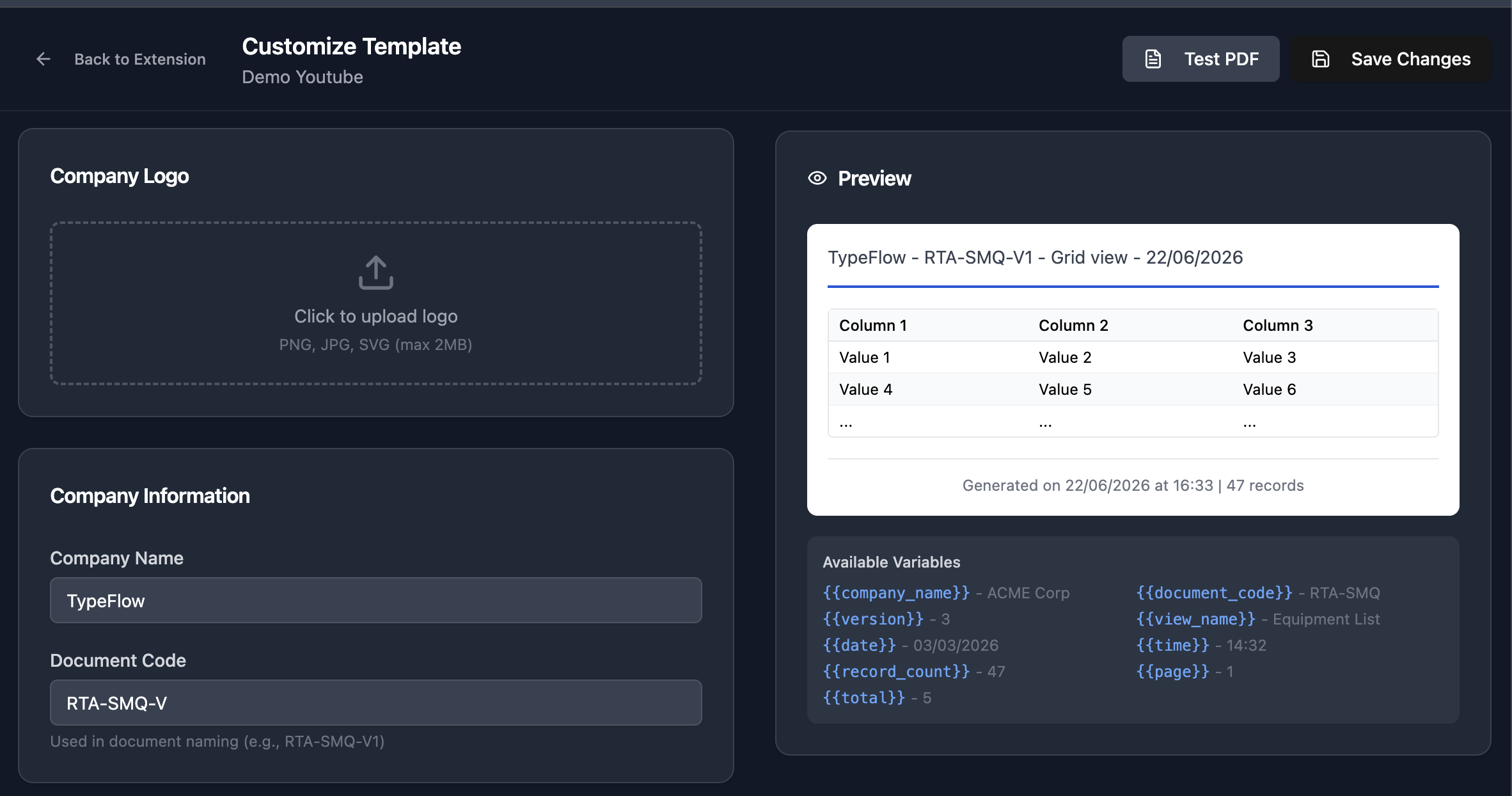 View Report customization with logo, document code, and header variables