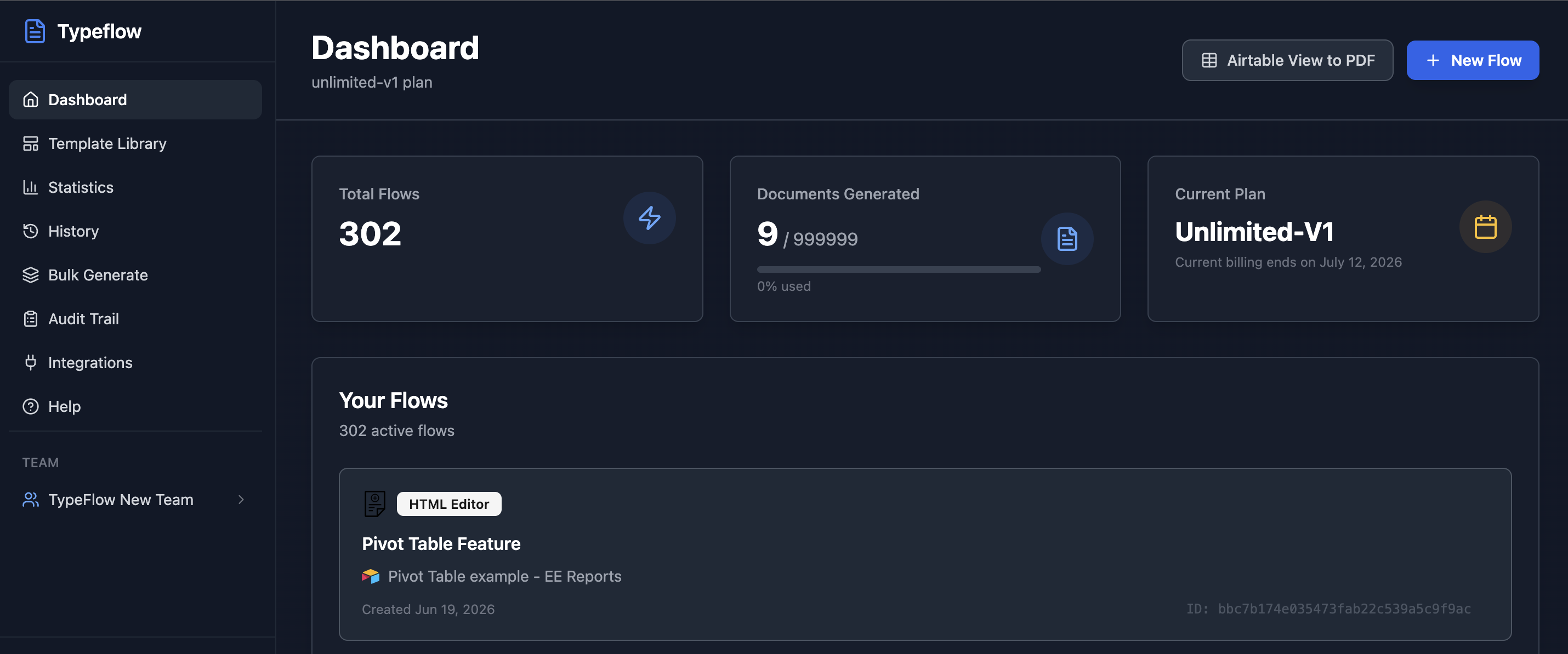 TypeFlow dashboard with Airtable View to PDF button