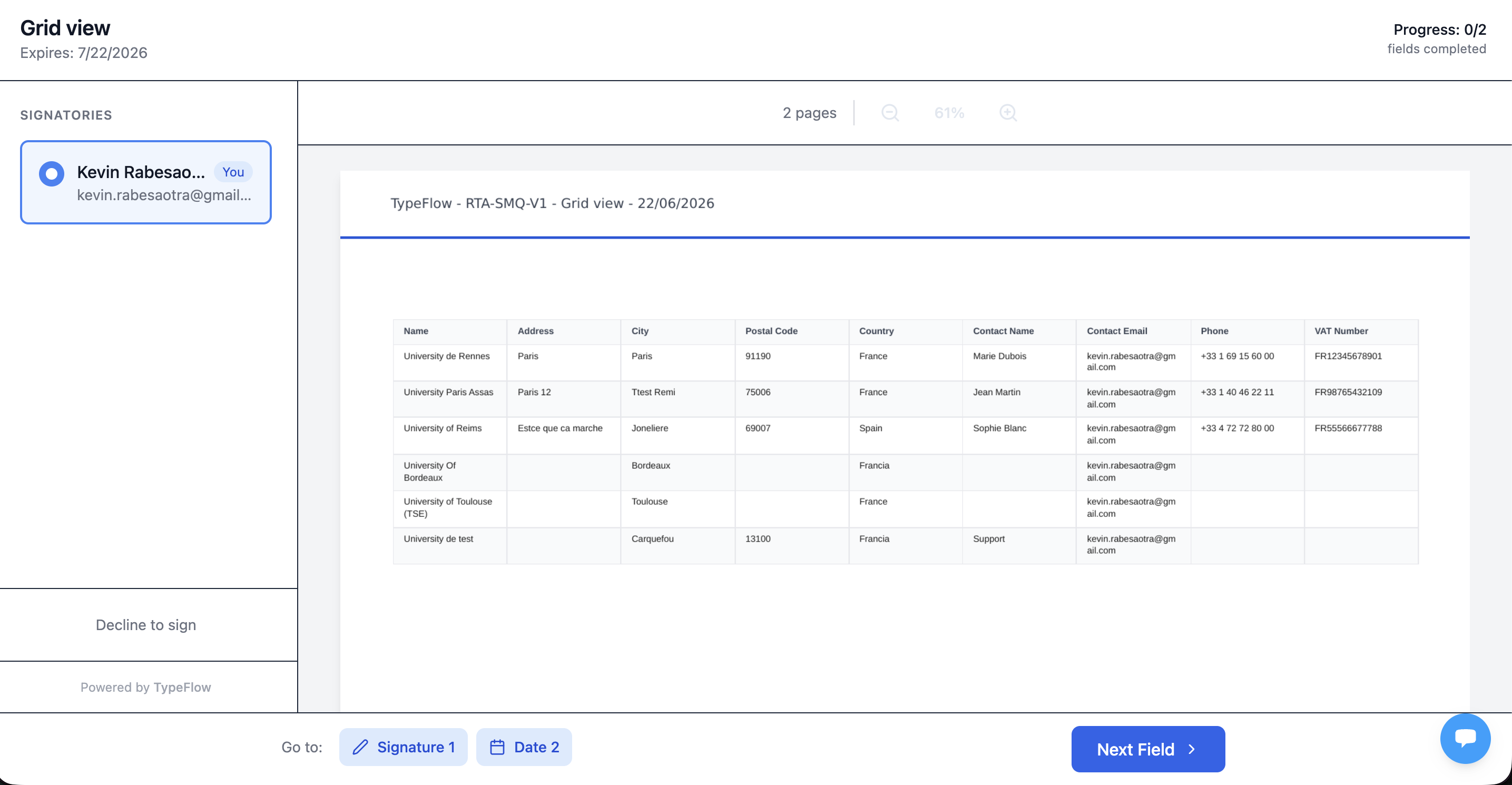 View Report signing page with table data and signature fields