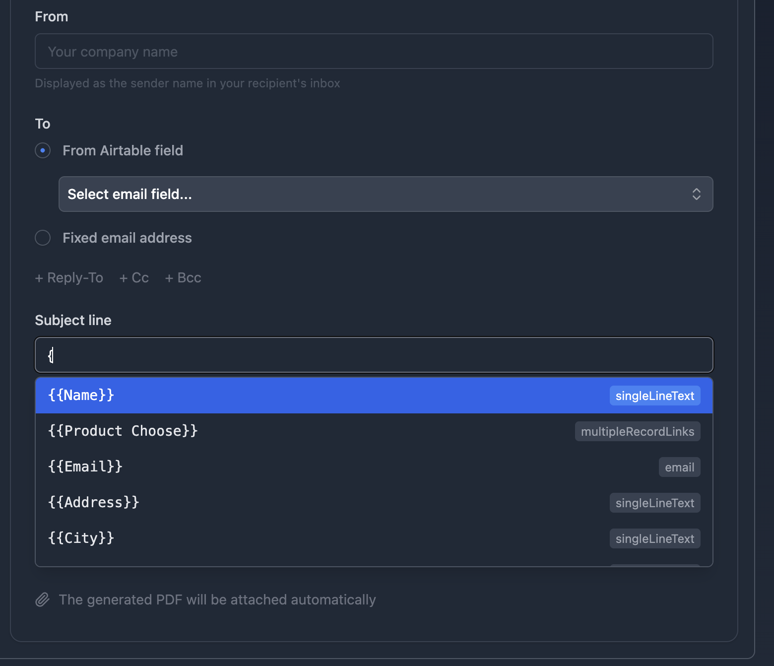 Email Post Generation configuration with dynamic fields
